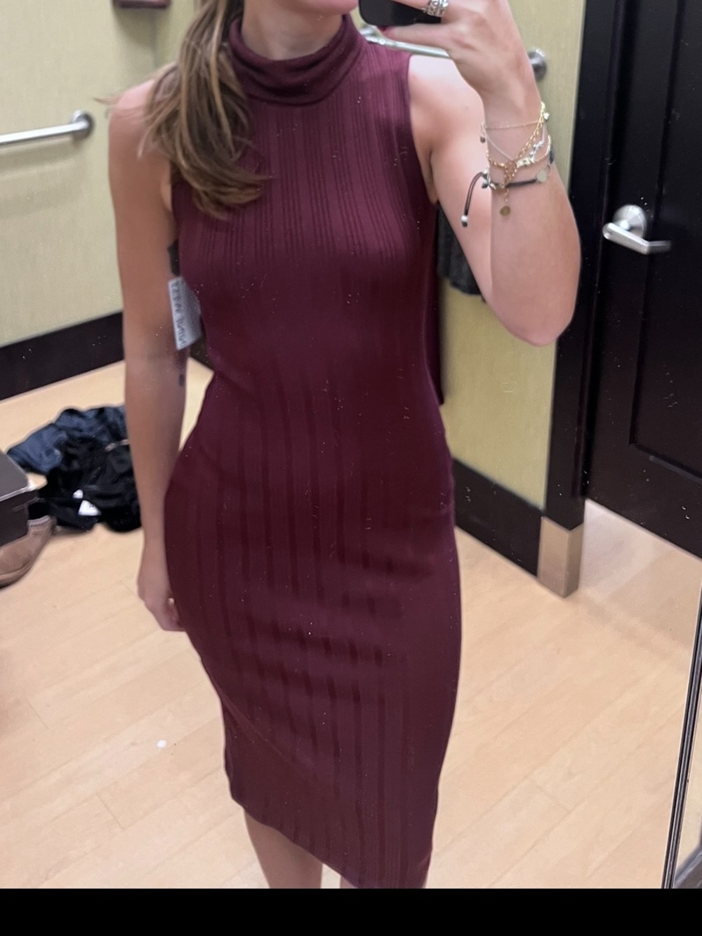 Nine West Sleeveless Ribbed Turtleneck Midi Dress in Burgundy